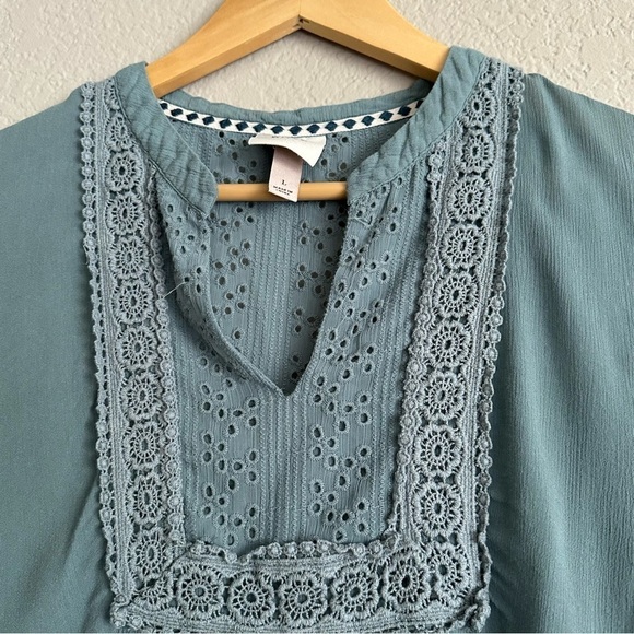 Knox Rose Green Hi-Low Gauze Tunic Crochet Lace Yoke Long Sleeves Large Boho - Picture 4 of 10